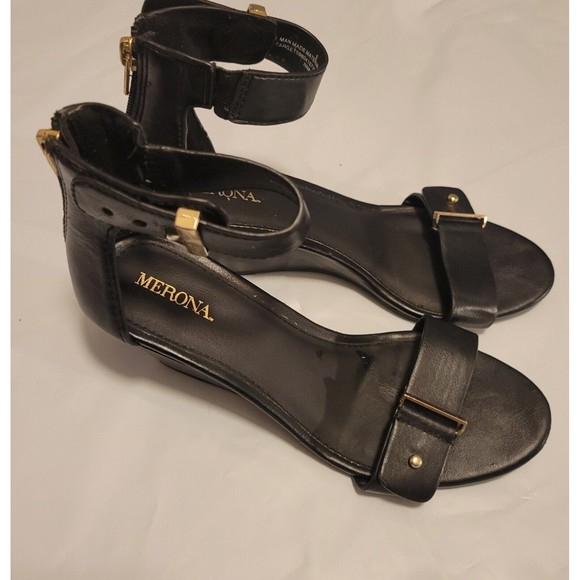 Merona Women Casual Dress Wedge Sandals Ankle Strap Open Toe Black Size 6 - Picture 1 of 13
